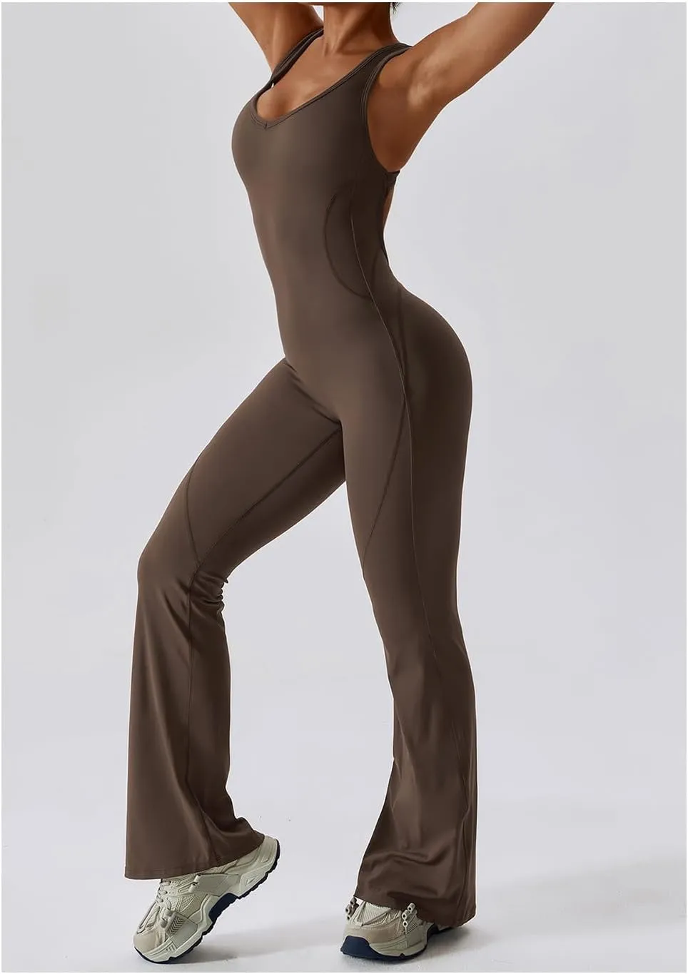 Workout Flare Jumpsuit for Women - Sleeveless Bodysuit One Piece Backless Bodycon Seamless Romper
