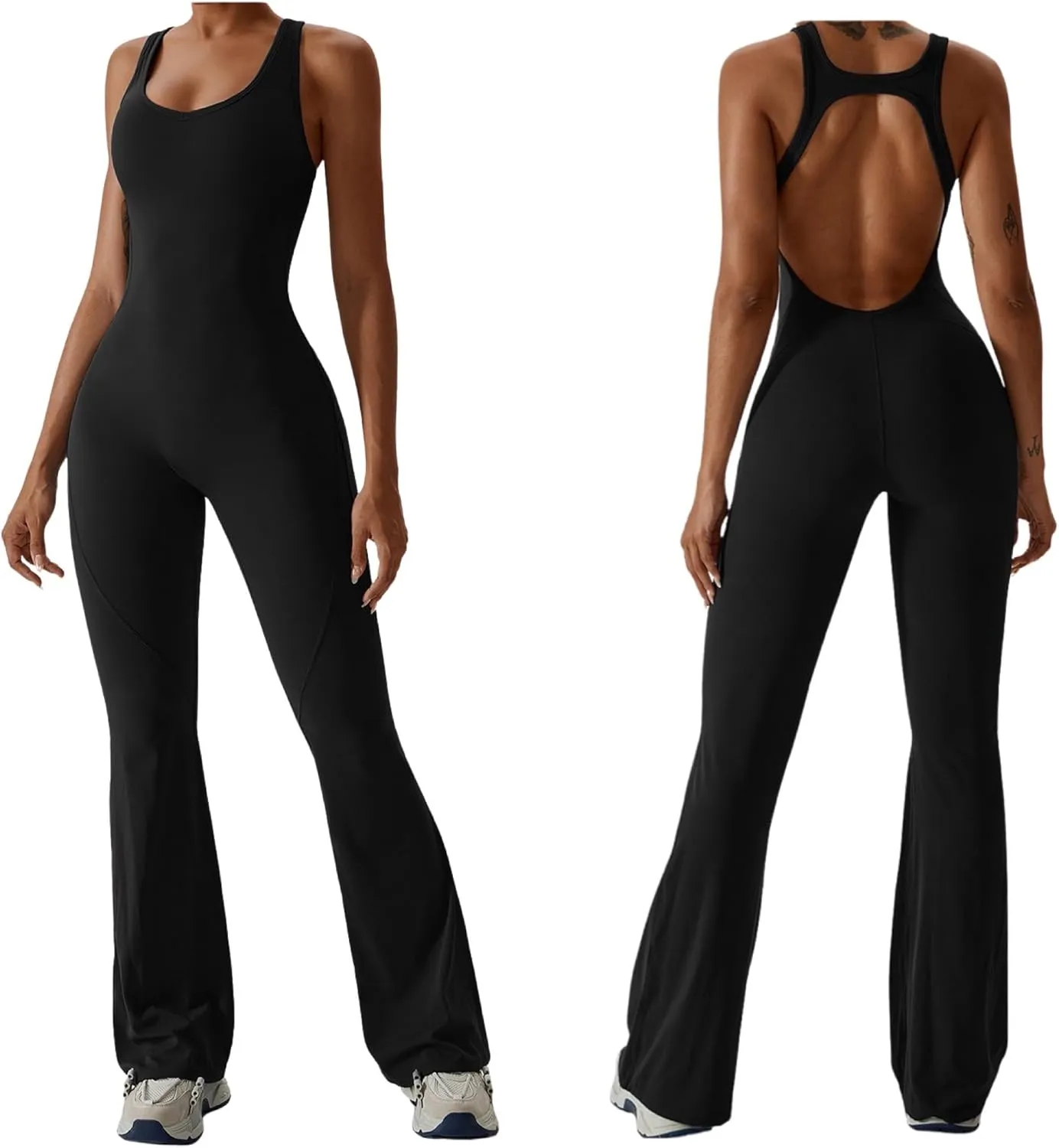 Workout Flare Jumpsuit for Women - Sleeveless Bodysuit One Piece Backless Bodycon Seamless Romper