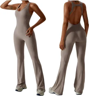 Workout Flare Jumpsuit for Women - Sleeveless Bodysuit One Piece Backless Bodycon Seamless Romper