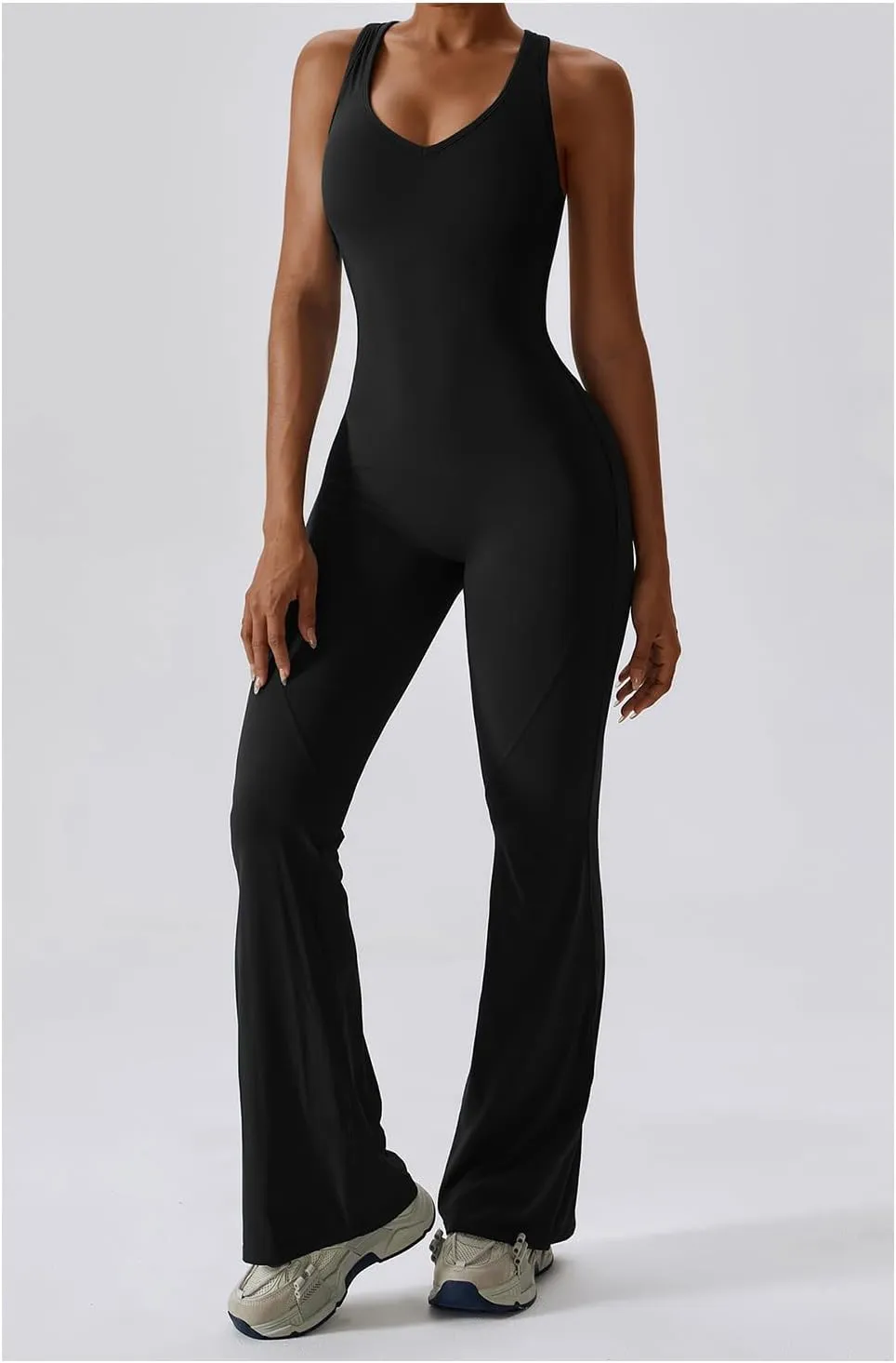 Workout Flare Jumpsuit for Women - Sleeveless Bodysuit One Piece Backless Bodycon Seamless Romper