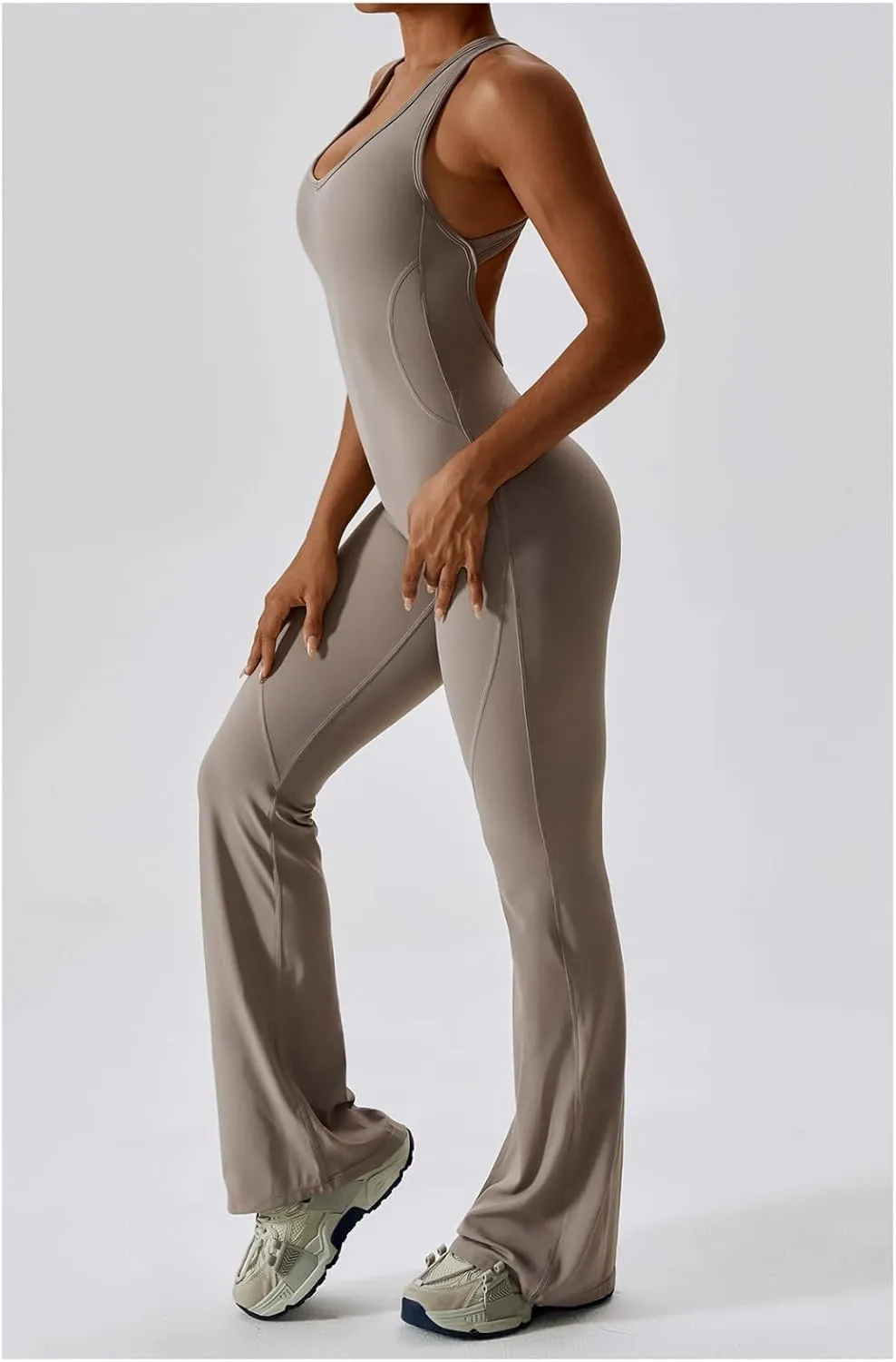 Workout Flare Jumpsuit for Women - Sleeveless Bodysuit One Piece Backless Bodycon Seamless Romper