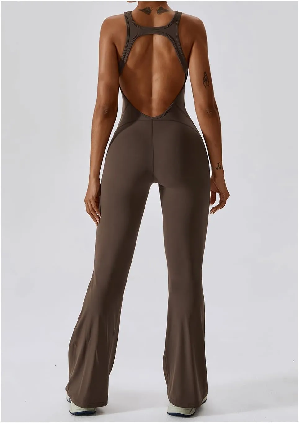 Workout Flare Jumpsuit for Women - Sleeveless Bodysuit One Piece Backless Bodycon Seamless Romper