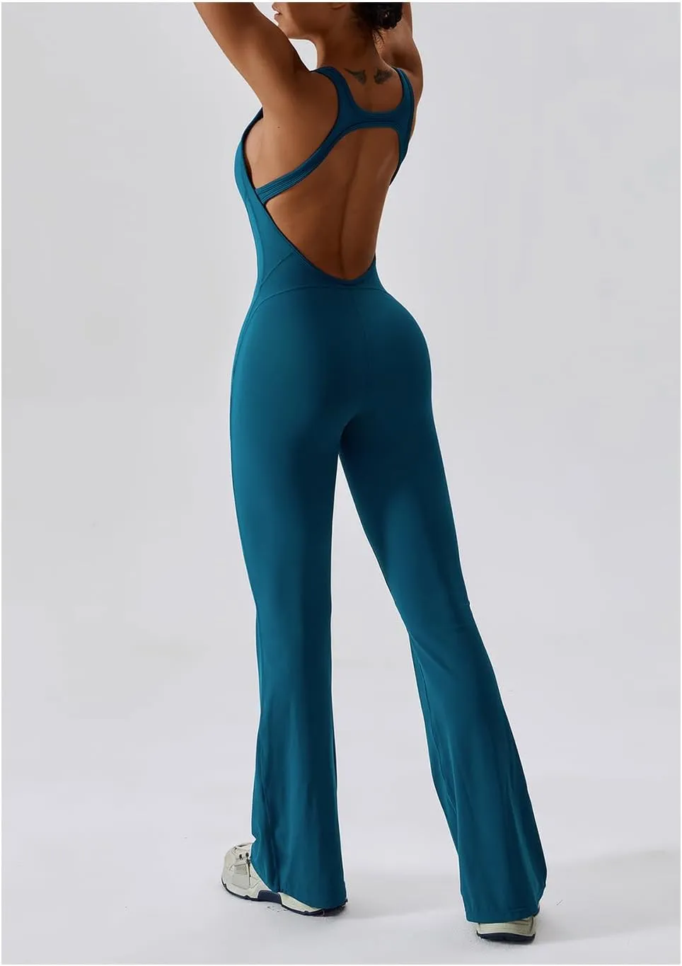 Workout Flare Jumpsuit for Women - Sleeveless Bodysuit One Piece Backless Bodycon Seamless Romper