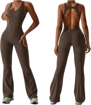 Workout Flare Jumpsuit for Women - Sleeveless Bodysuit One Piece Backless Bodycon Seamless Romper