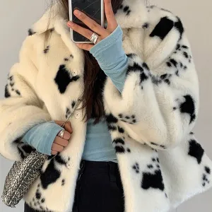 xakxx Black Fridy Black White Cow Pattern Faux Mink Fur Coat Womens Elegant Winter Short Turn-Down Collar Coats Korean Soft Tops Woman