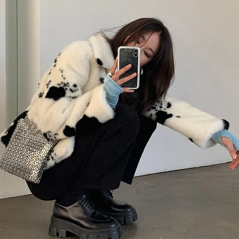 xakxx Black Fridy Black White Cow Pattern Faux Mink Fur Coat Womens Elegant Winter Short Turn-Down Collar Coats Korean Soft Tops Woman