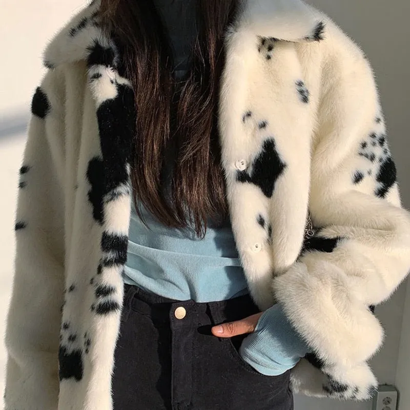 xakxx Black Fridy Black White Cow Pattern Faux Mink Fur Coat Womens Elegant Winter Short Turn-Down Collar Coats Korean Soft Tops Woman
