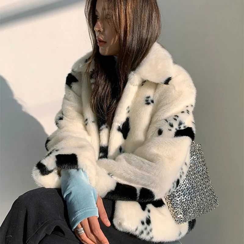 xakxx Black Fridy Black White Cow Pattern Faux Mink Fur Coat Womens Elegant Winter Short Turn-Down Collar Coats Korean Soft Tops Woman
