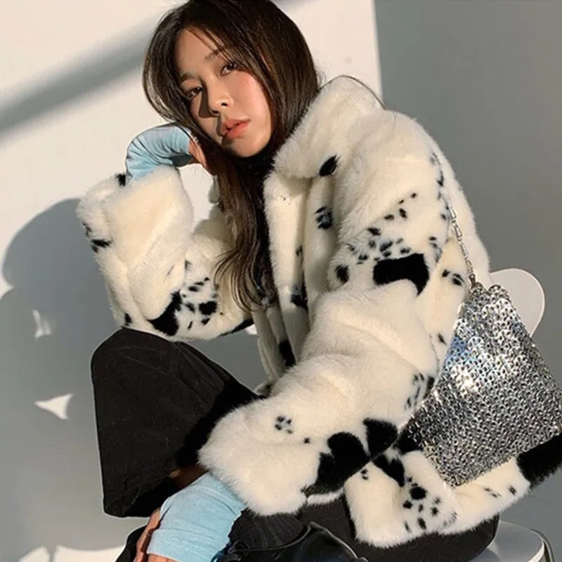 xakxx Black Fridy Black White Cow Pattern Faux Mink Fur Coat Womens Elegant Winter Short Turn-Down Collar Coats Korean Soft Tops Woman