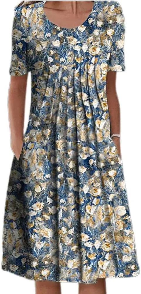 XSTH Summer Midi Dresses for Women 2024 Casual Short Sleeve Crewneck Front Pleated Loose Swing T Shirt Dress with Pockets