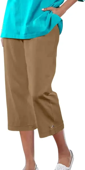 yardsong Capri Pants for Women Cotton Linen Summer Straight Wide Leg Capris Elastic Waist Cropped Trousers with Pockets