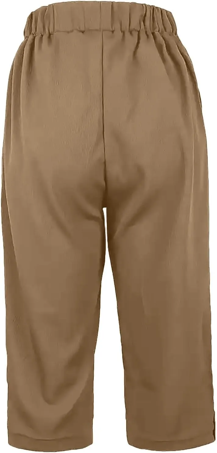 yardsong Capri Pants for Women Cotton Linen Summer Straight Wide Leg Capris Elastic Waist Cropped Trousers with Pockets