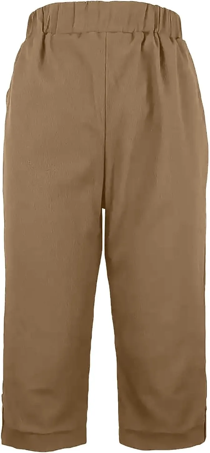 yardsong Capri Pants for Women Cotton Linen Summer Straight Wide Leg Capris Elastic Waist Cropped Trousers with Pockets