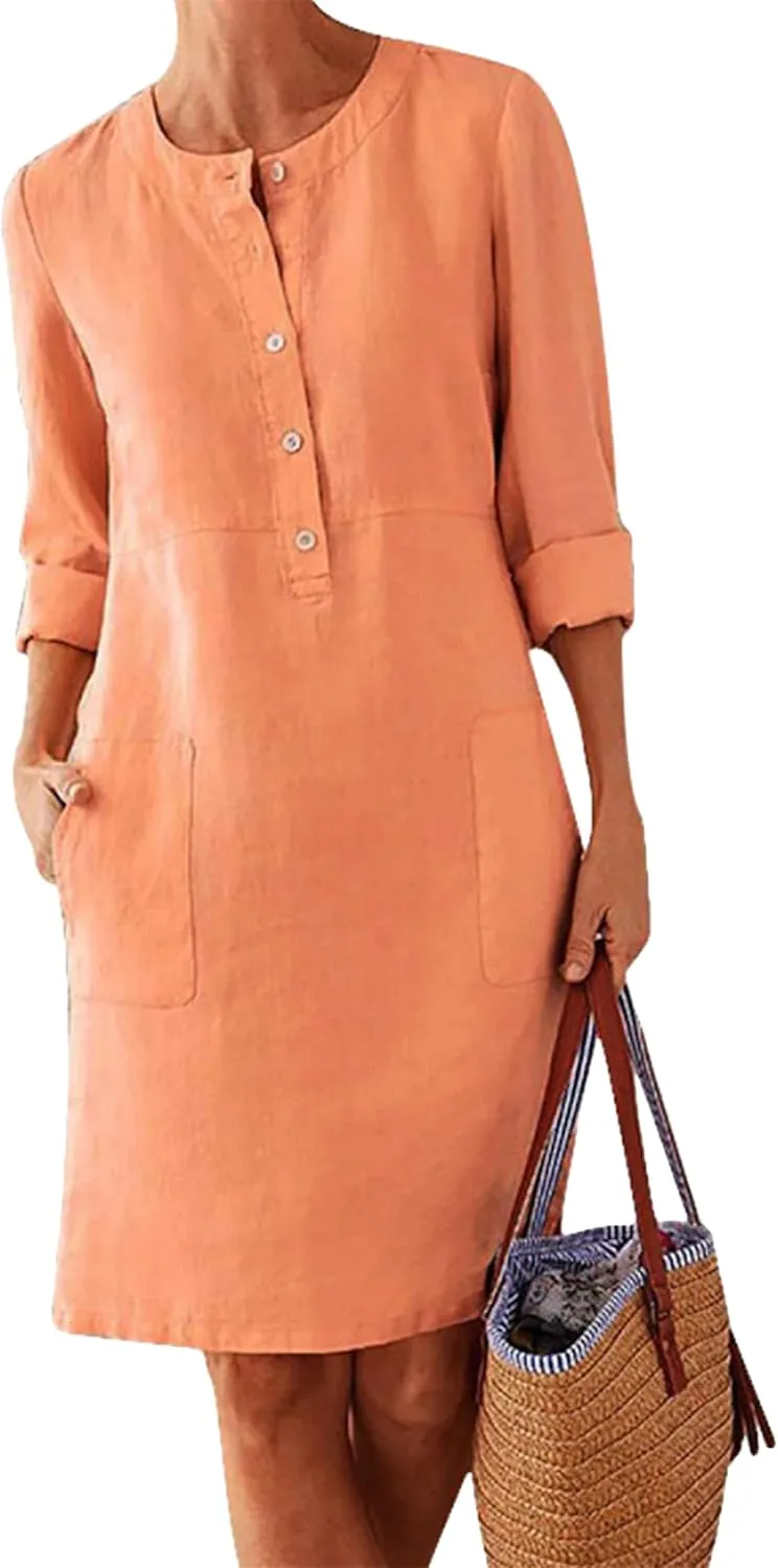 YMING Womens Roll Up Sleeve Linen Swing Dress Casual Crew Neck Sundress Oversized Buton Down Dresses with Pockets