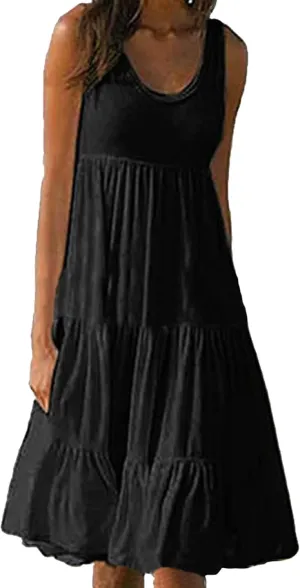 YMING Womens Sleeveless Beach Swing Dress Casual Scoop Neck Pleated Sundress Summer Ruffle Tank Dresses
