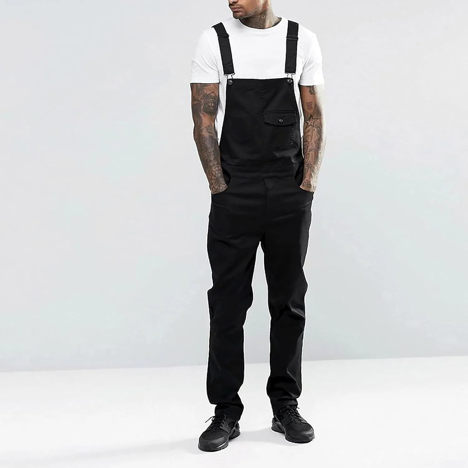 Ymosrh Men's Chino Regular Jumpsuit Streetwear Pocket Suspender Trousers Khaki Cargo Pants