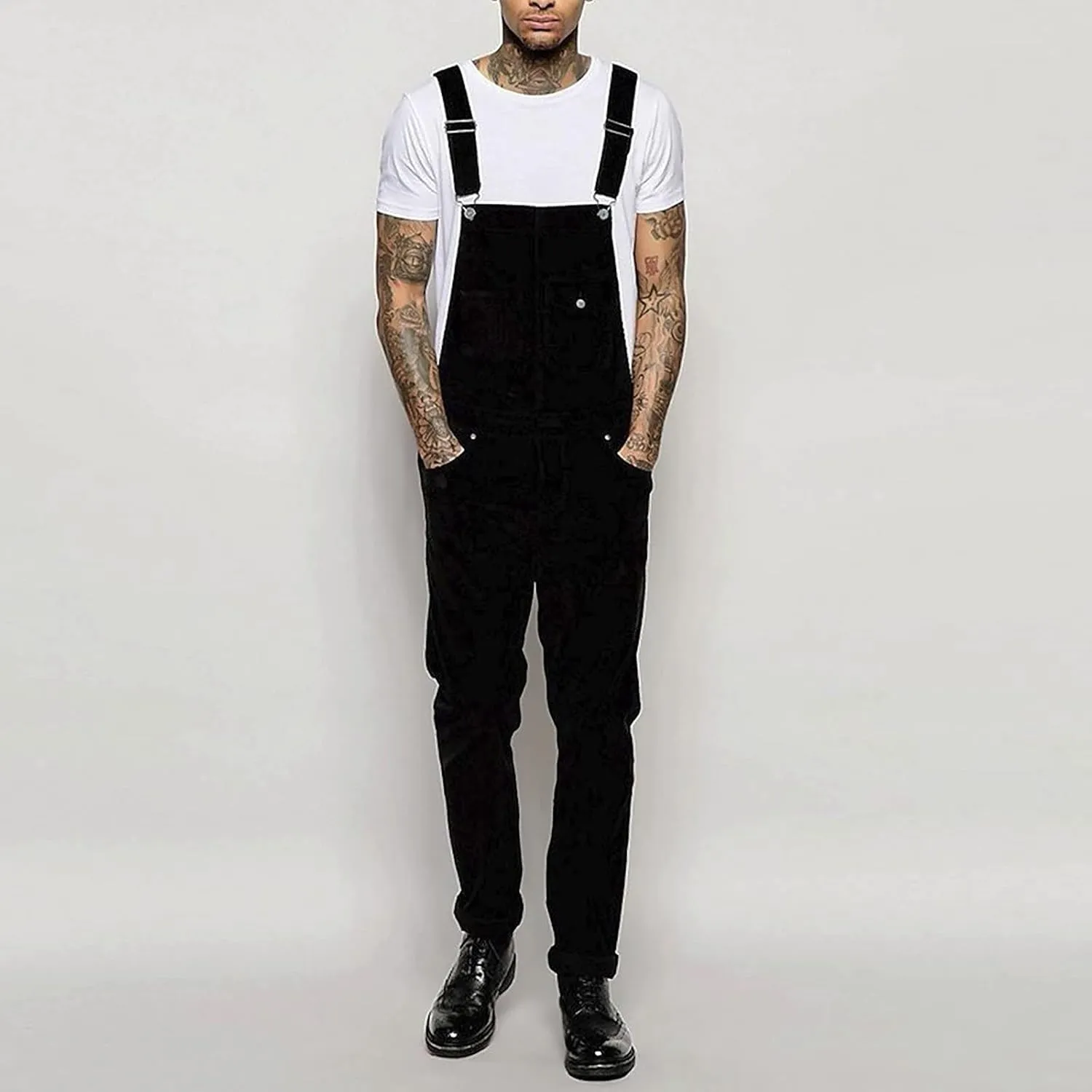 Ymosrh Men's Chino Regular Jumpsuit Streetwear Pocket Suspender Trousers Khaki Cargo Pants