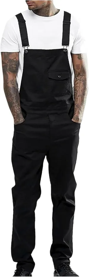 Ymosrh Men's Chino Regular Jumpsuit Streetwear Pocket Suspender Trousers Khaki Cargo Pants