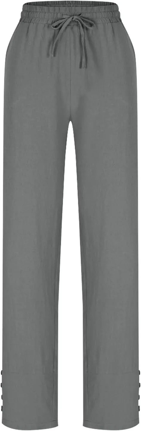 YRAETENM Cotton Linen Pants for Women Casual Elastic Waist Straight Leg Tapered Trousers Side Button Slacks with Pockets