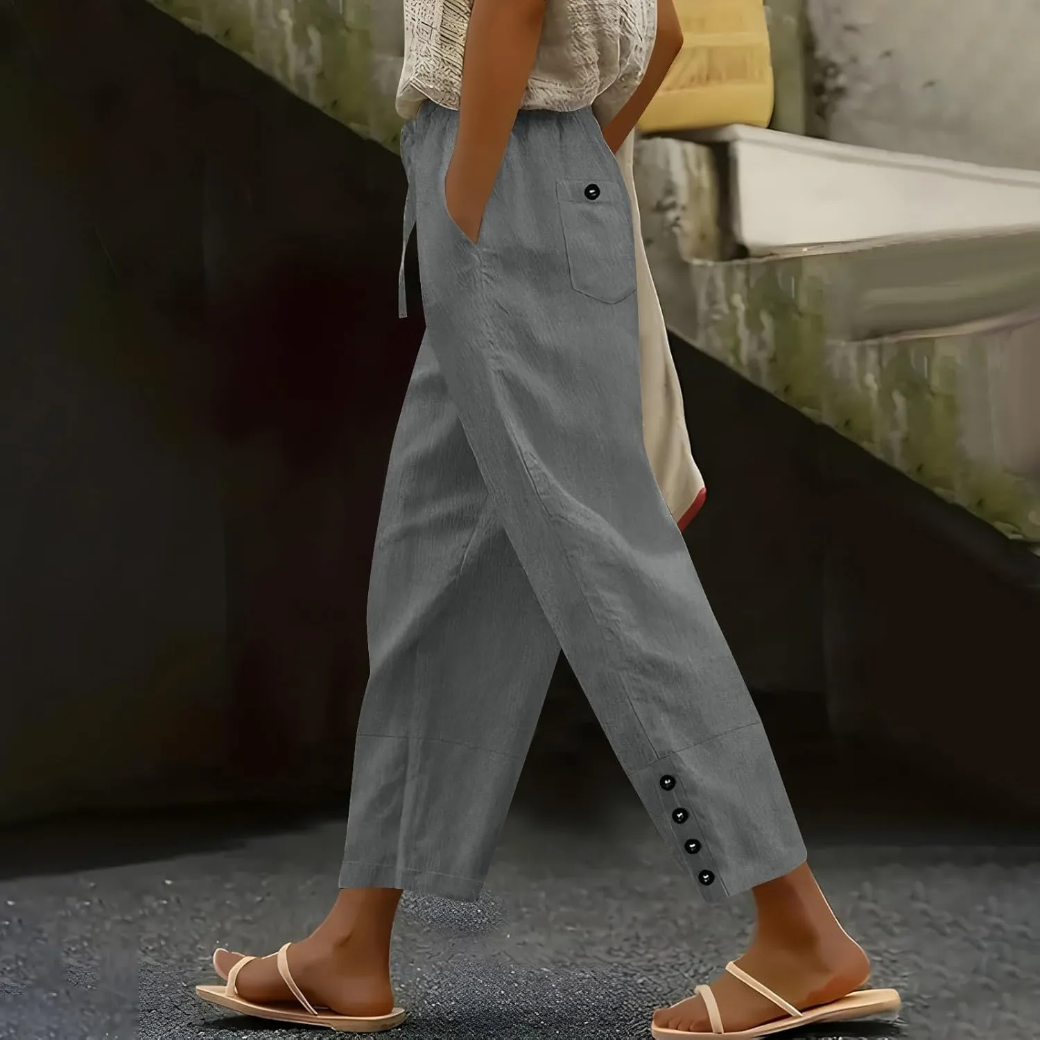 YRAETENM Cotton Linen Pants for Women Casual Elastic Waist Straight Leg Tapered Trousers Side Button Slacks with Pockets