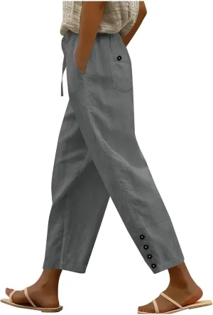 YRAETENM Cotton Linen Pants for Women Casual Elastic Waist Straight Leg Tapered Trousers Side Button Slacks with Pockets