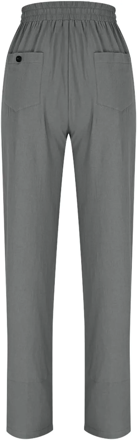 YRAETENM Cotton Linen Pants for Women Casual Elastic Waist Straight Leg Tapered Trousers Side Button Slacks with Pockets