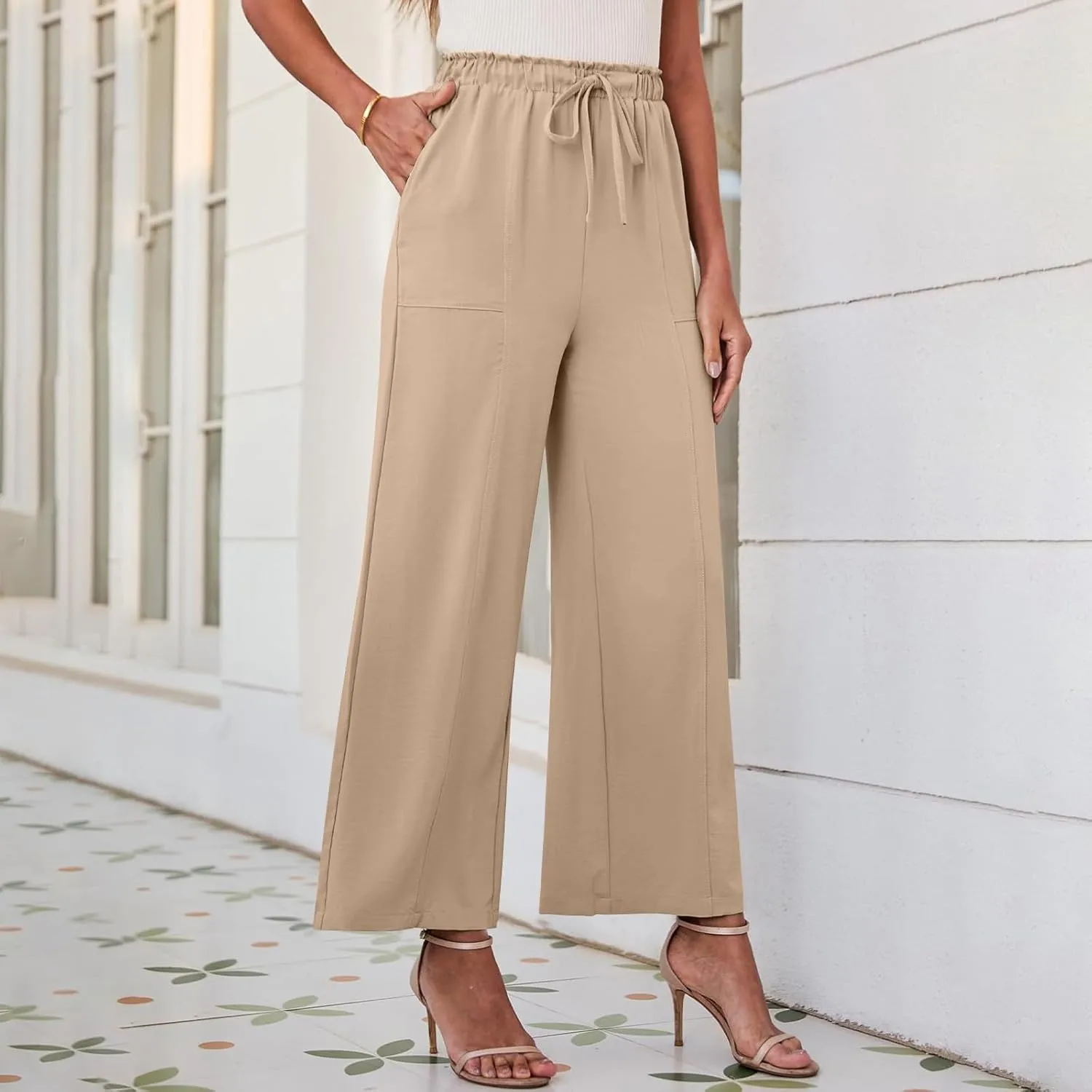 YRAETENM Cotton Linen Wide Leg Pants for Women Summer Boho Wide Leg Palazzo Pants Casual Flowy Beach Trousers with Pockets