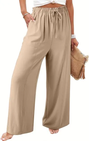 YRAETENM Cotton Linen Wide Leg Pants for Women Summer Boho Wide Leg Palazzo Pants Casual Flowy Beach Trousers with Pockets