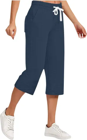 YRAETENM Linen Capri Pants for Women Summer Drawstring Elastic Waist Workout Joggers Casual Wide Leg Cropped Capris Trousers