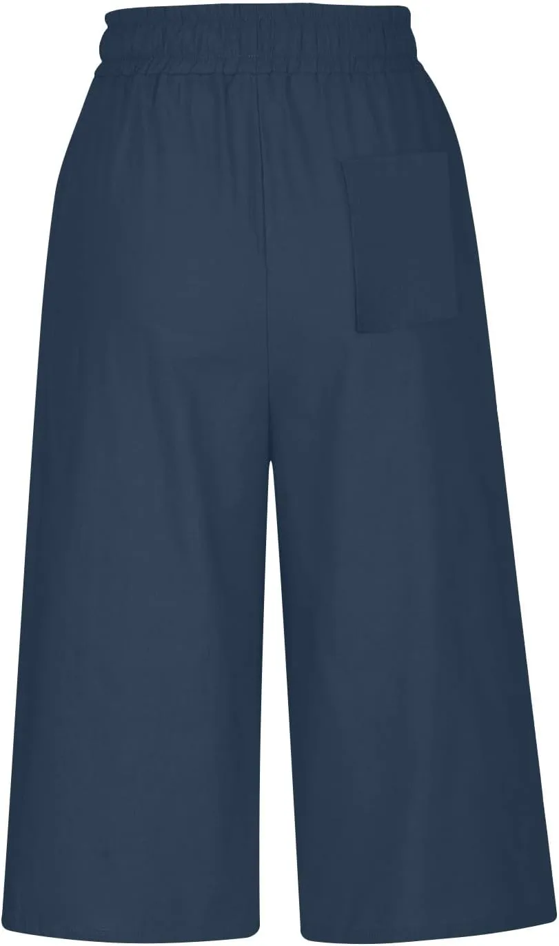 YRAETENM Linen Capri Pants for Women Summer Drawstring Elastic Waist Workout Joggers Casual Wide Leg Cropped Capris Trousers