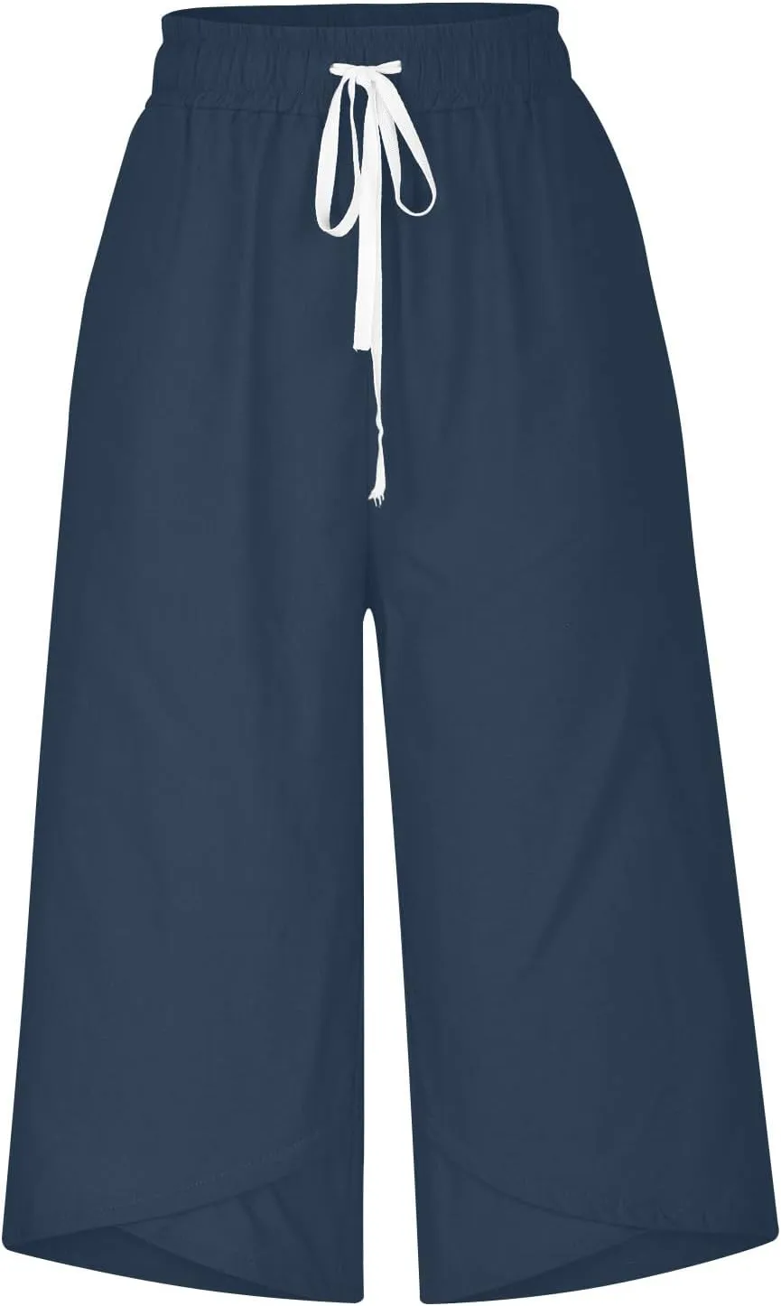 YRAETENM Linen Capri Pants for Women Summer Drawstring Elastic Waist Workout Joggers Casual Wide Leg Cropped Capris Trousers