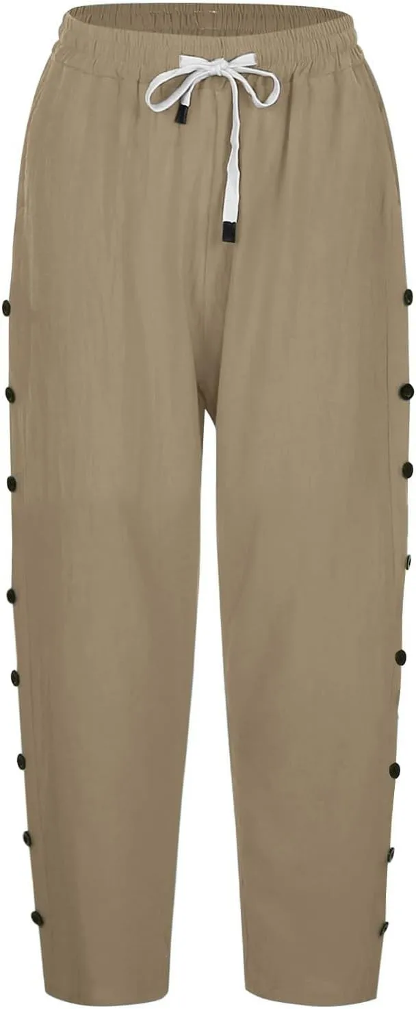 YRAETENM Linen Capris for Women Sumemr Drawstring High Waist Straight Leg Trousers Comfy Side Button Capri Pants with Pockets