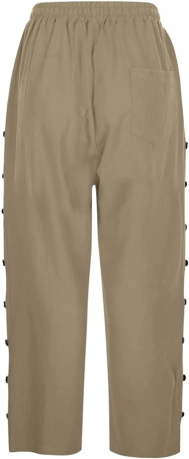 YRAETENM Linen Capris for Women Sumemr Drawstring High Waist Straight Leg Trousers Comfy Side Button Capri Pants with Pockets