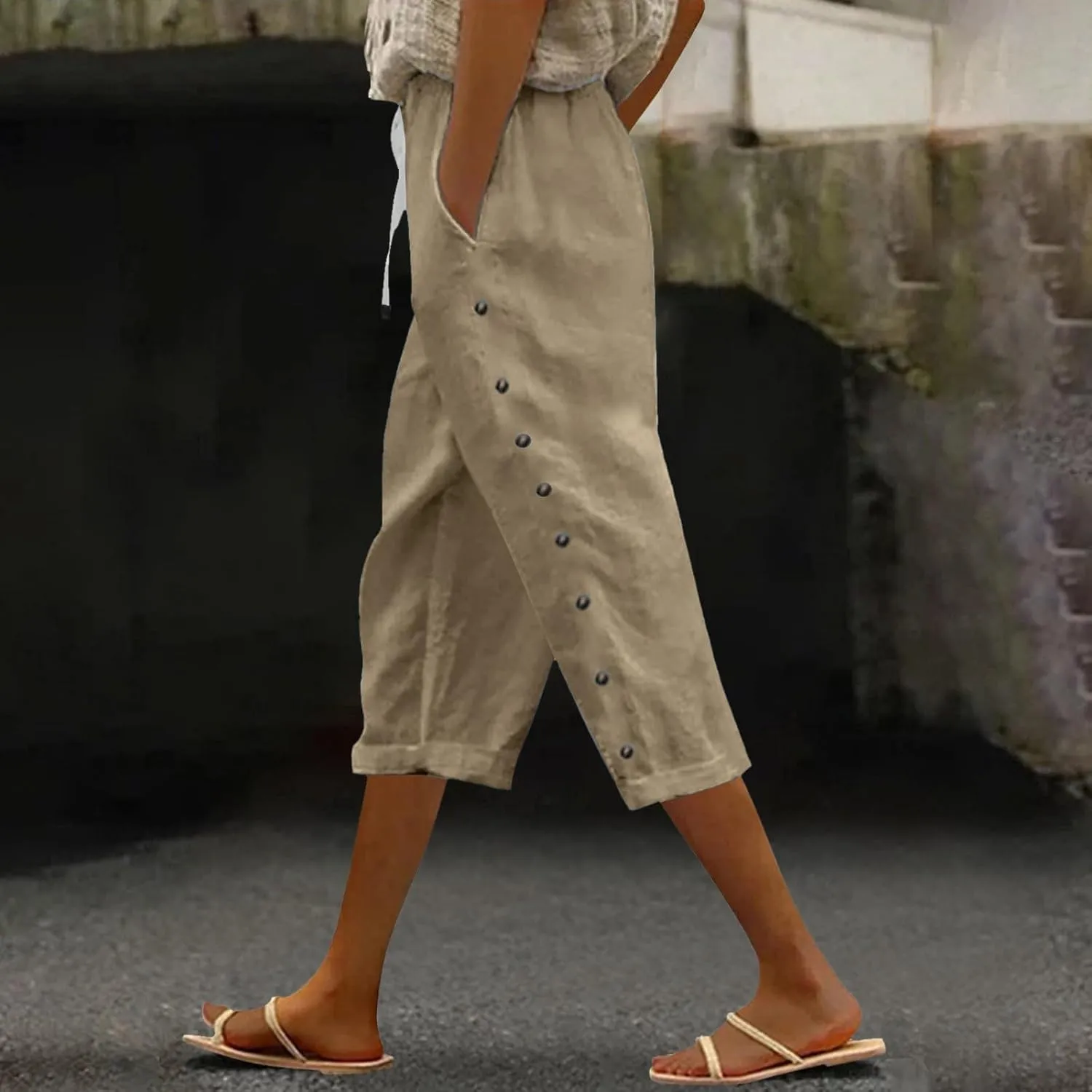 YRAETENM Linen Capris for Women Sumemr Drawstring High Waist Straight Leg Trousers Comfy Side Button Capri Pants with Pockets