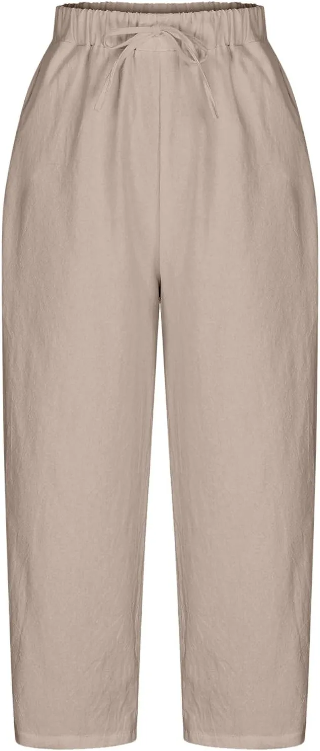 YRAETENM Linen Pants for Women Summer High Waisted Drawstring Lounge Pants Casual Loose Side Hollow Out Trousers with Pockets
