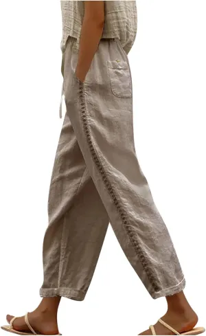 YRAETENM Linen Pants for Women Summer High Waisted Drawstring Lounge Pants Casual Loose Side Hollow Out Trousers with Pockets