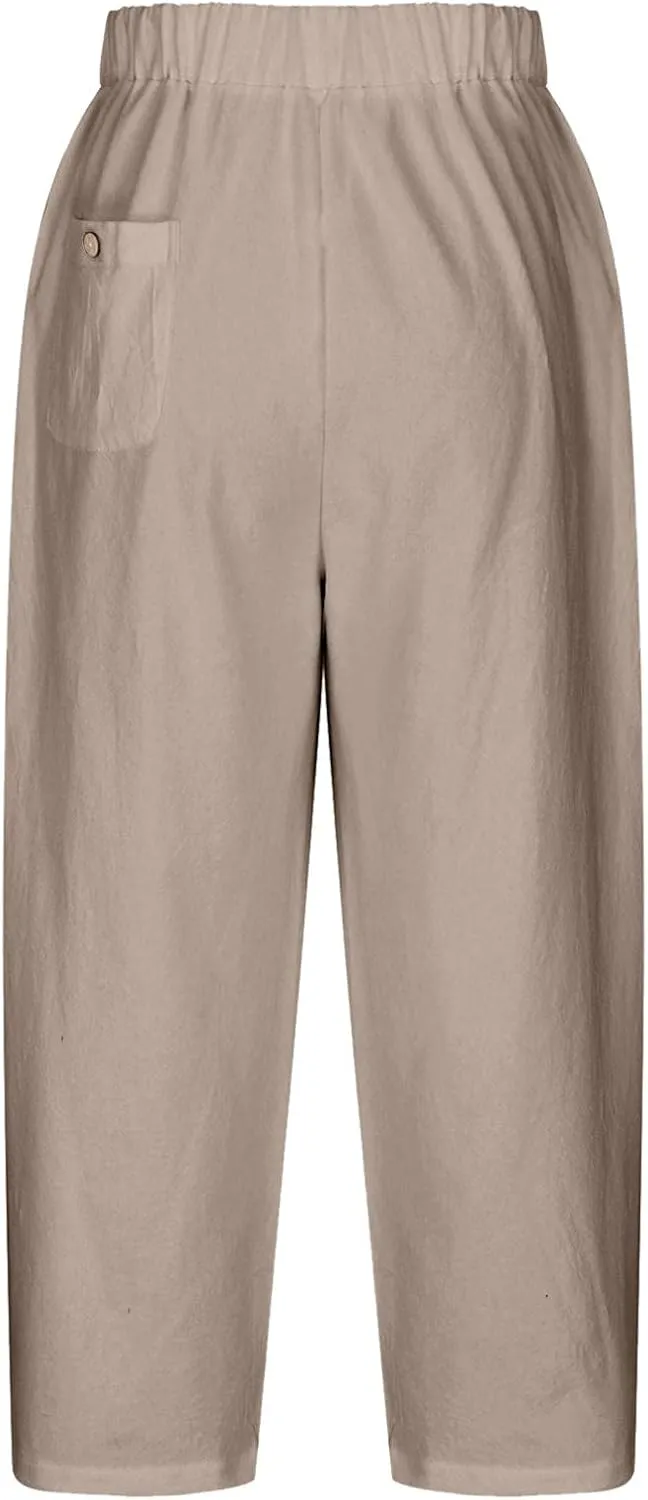 YRAETENM Linen Pants for Women Summer High Waisted Drawstring Lounge Pants Casual Loose Side Hollow Out Trousers with Pockets