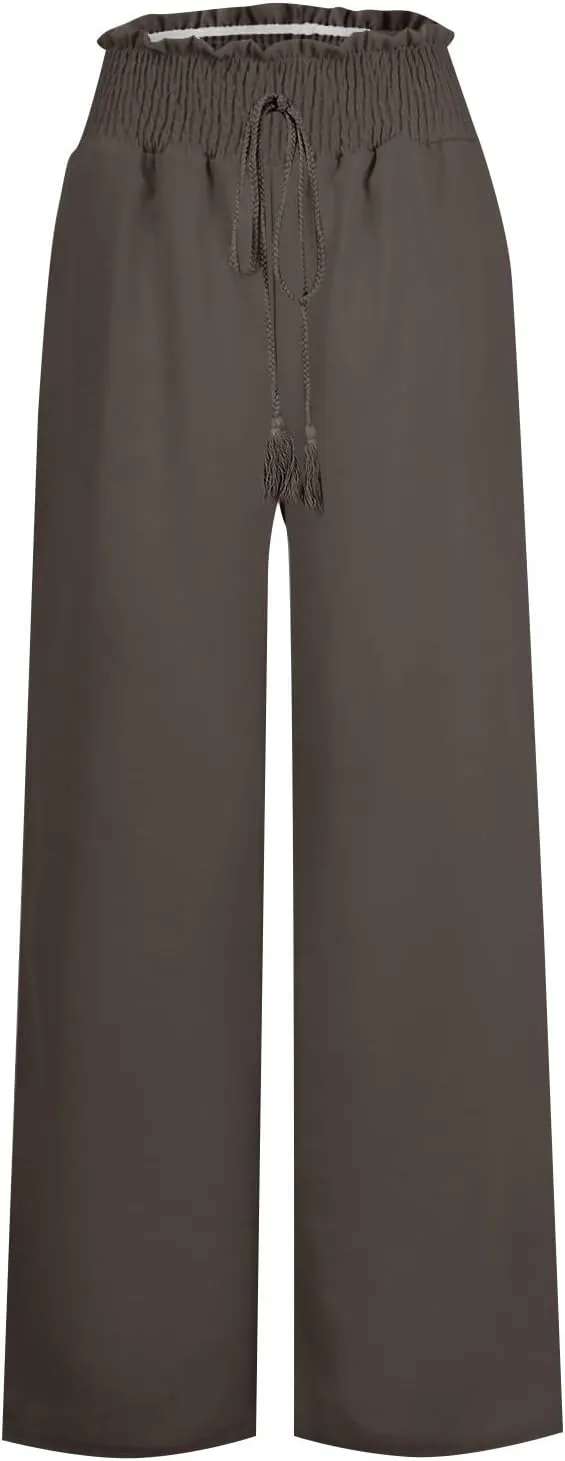 YRAETENM Linen Pants Women Boho Wide Leg High Waisted Palazzo Pants Casual Flowy Drawstring Long Lounge Trousers with Pockets