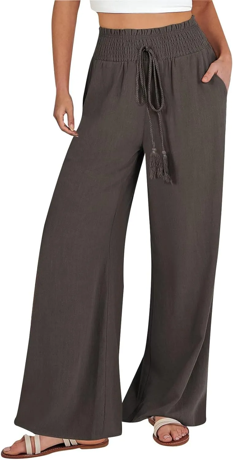 YRAETENM Linen Pants Women Boho Wide Leg High Waisted Palazzo Pants Casual Flowy Drawstring Long Lounge Trousers with Pockets