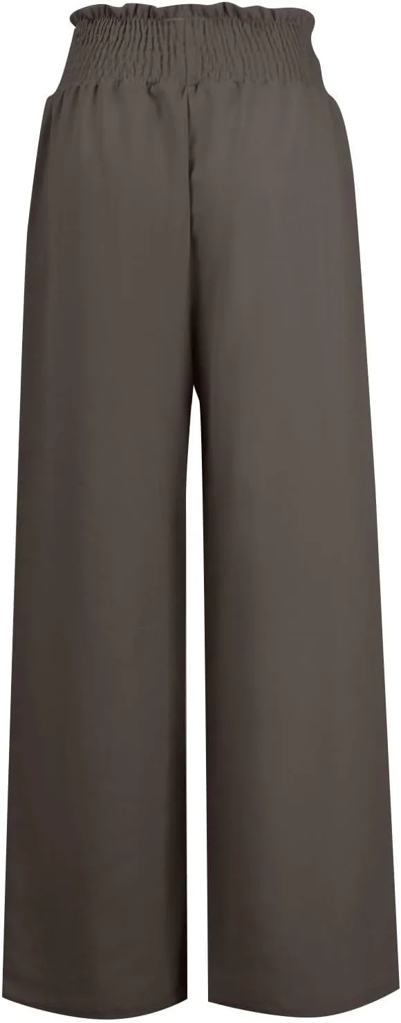 YRAETENM Linen Pants Women Boho Wide Leg High Waisted Palazzo Pants Casual Flowy Drawstring Long Lounge Trousers with Pockets
