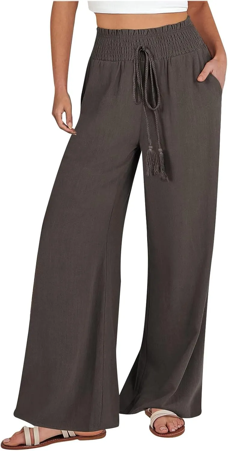 YRAETENM Linen Pants Women Boho Wide Leg High Waisted Palazzo Pants Casual Flowy Drawstring Long Lounge Trousers with Pockets