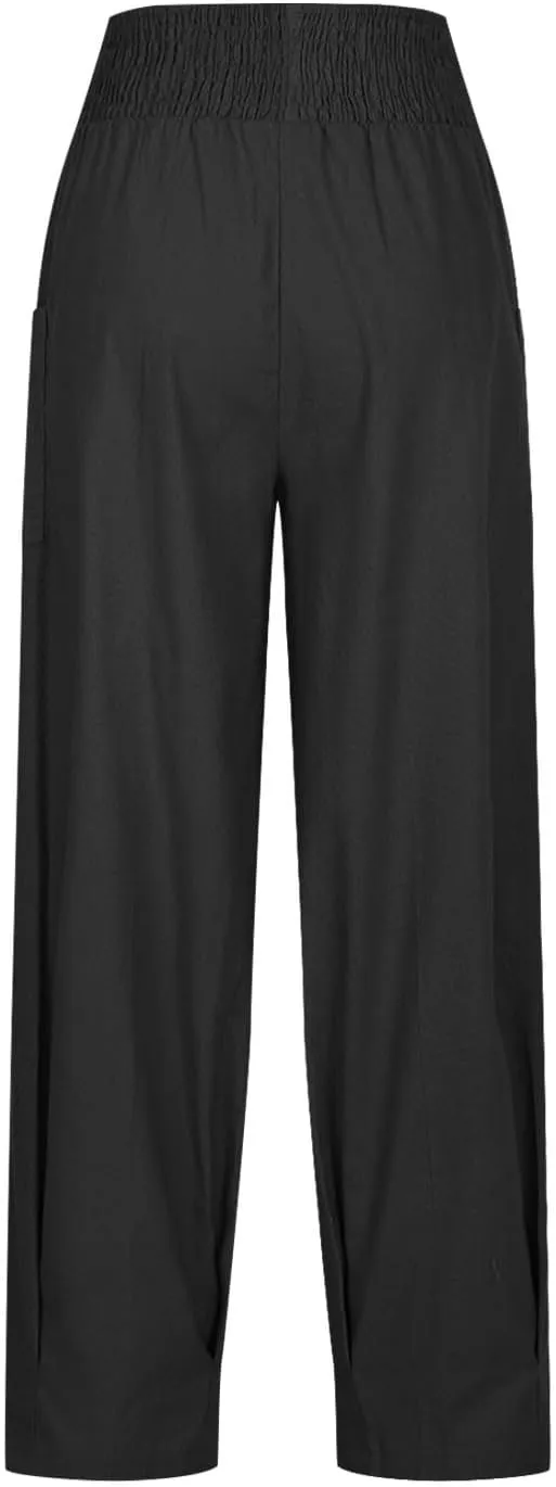 YRAETENM Women Linen Boho Pants Summer Casual Loose High Waist Harem Pants Lounge Trousers Beach Travel Vacation Outfits
