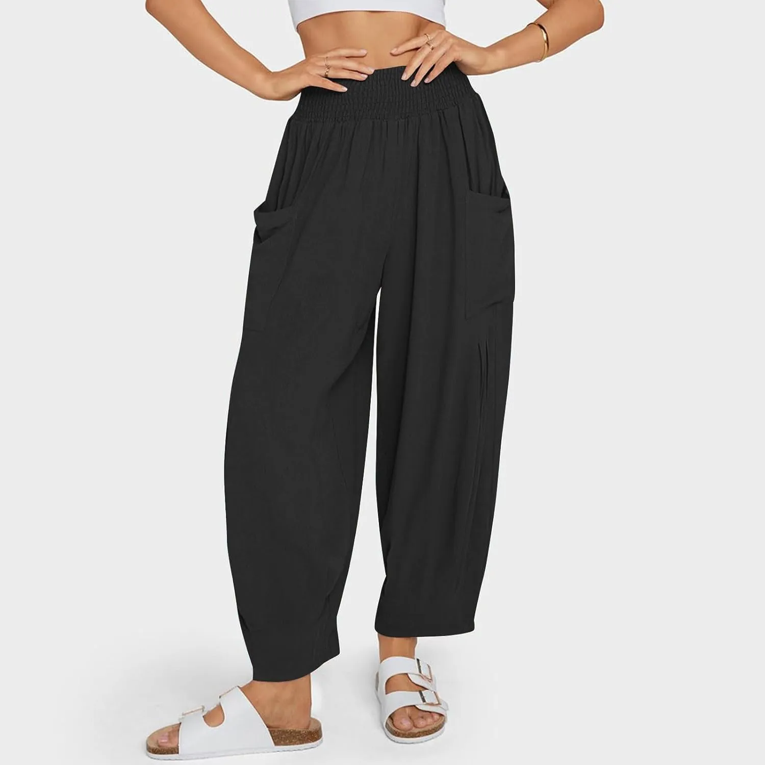 YRAETENM Women Linen Boho Pants Summer Casual Loose High Waist Harem Pants Lounge Trousers Beach Travel Vacation Outfits