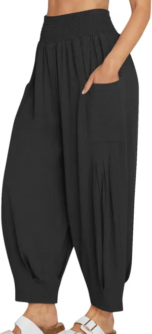 YRAETENM Women Linen Boho Pants Summer Casual Loose High Waist Harem Pants Lounge Trousers Beach Travel Vacation Outfits