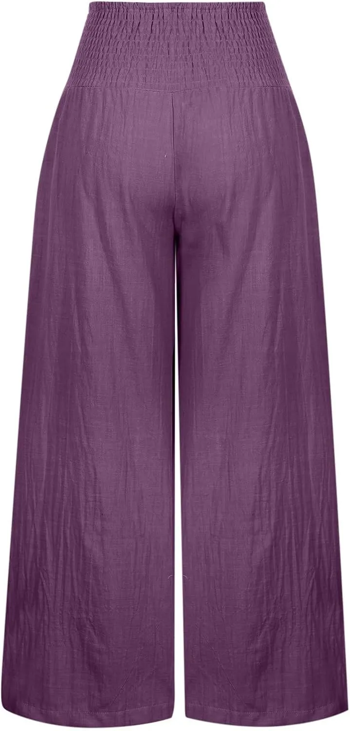 YRAETENM Women Linen Palazzo Pants Flowy Boho Wide Leg High Waist Trousers Casual Lounge Pants Beach Travel Vacation Outfits