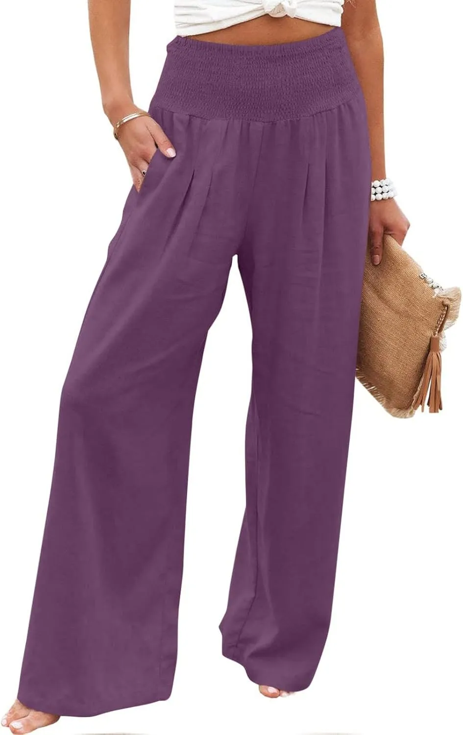 YRAETENM Women Linen Palazzo Pants Flowy Boho Wide Leg High Waist Trousers Casual Lounge Pants Beach Travel Vacation Outfits