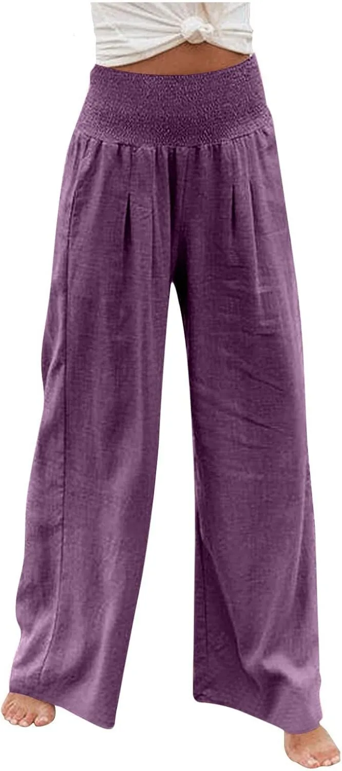 YRAETENM Women Linen Palazzo Pants Flowy Boho Wide Leg High Waist Trousers Casual Lounge Pants Beach Travel Vacation Outfits