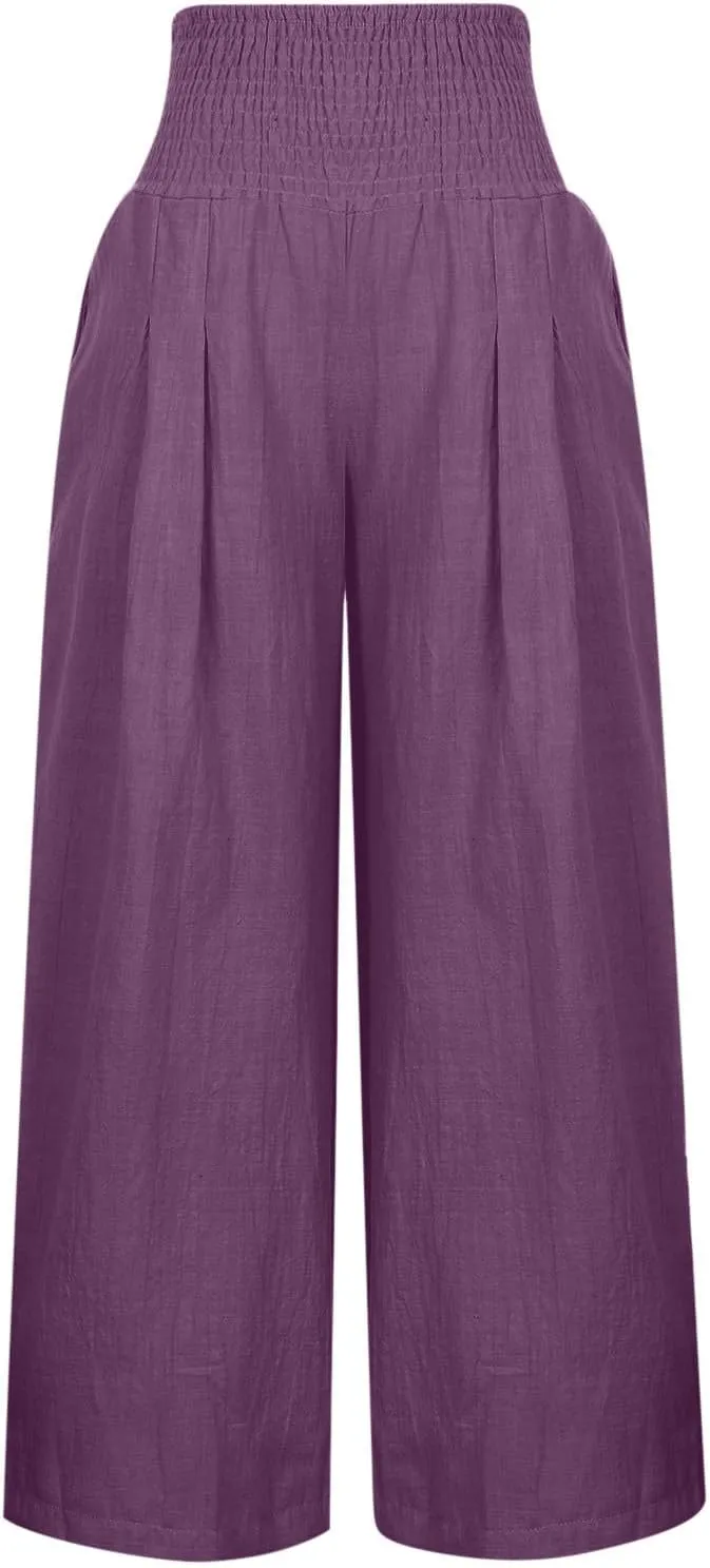 YRAETENM Women Linen Palazzo Pants Flowy Boho Wide Leg High Waist Trousers Casual Lounge Pants Beach Travel Vacation Outfits