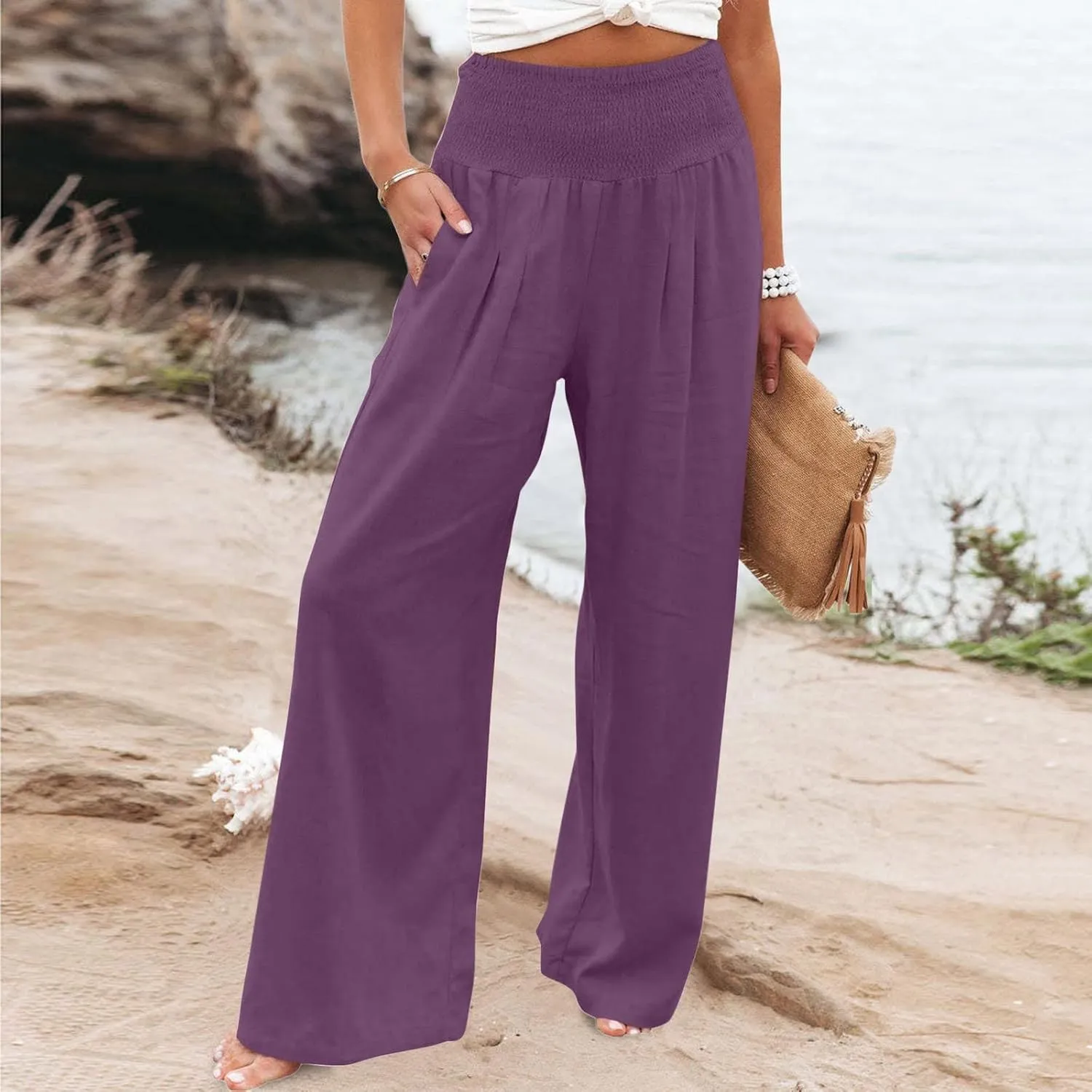 YRAETENM Women Linen Palazzo Pants Flowy Boho Wide Leg High Waist Trousers Casual Lounge Pants Beach Travel Vacation Outfits