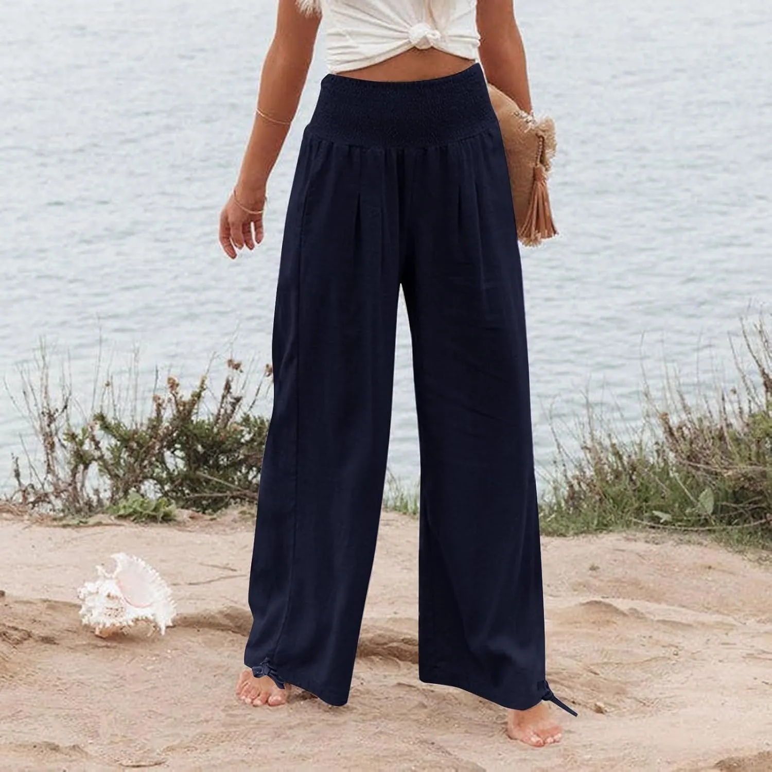 YRAETENM Womens Cotton Linen Palazzo Pants Summer Boho Wide Leg Lounge Pants Drawstring Casual Beach Trousers with Pockets